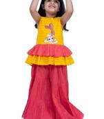 Cotton sleeveless placement print top with  sharara -yellow & coral