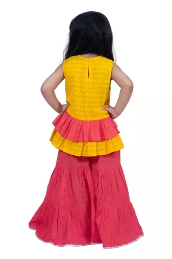 Cotton sleeveless placement print top with  sharara -yellow & coral