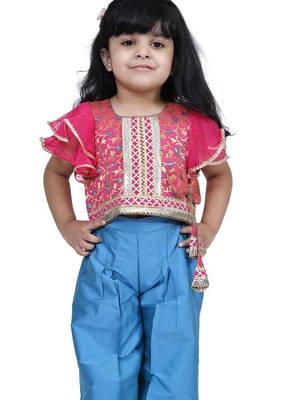 Brocade woven half sleeves embellished  top with palazzo-pink & blue 5