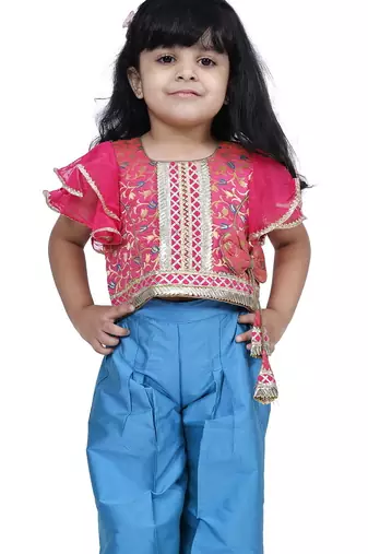 Brocade woven half sleeves embellished  top with palazzo-pink & blue