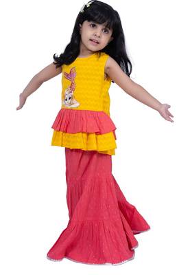 Cotton sleeveless placement print top with  sharara -yellow & coral 3