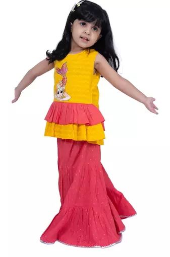 Cotton sleeveless placement print top with  sharara -yellow & coral