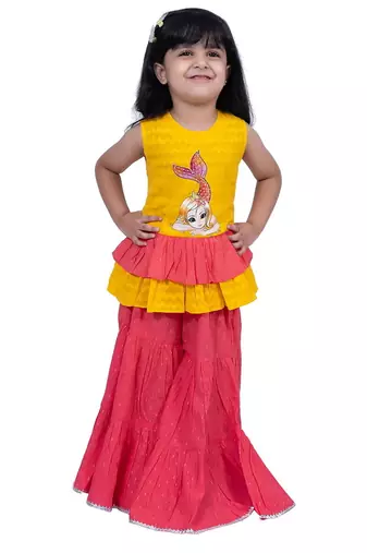 Cotton sleeveless placement print top with  sharara -yellow & coral