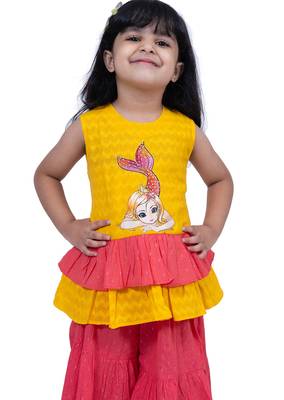 Cotton sleeveless placement print top with  sharara -yellow & coral 5