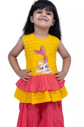 Cotton sleeveless placement print top with  sharara -yellow & coral