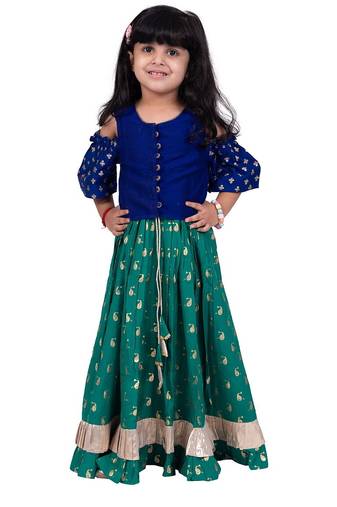 Half sleeves all over printed top & lehenga-blue & green