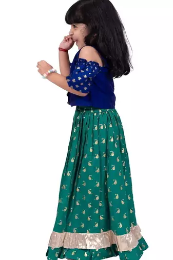 Half sleeves all over printed top & lehenga-blue & green