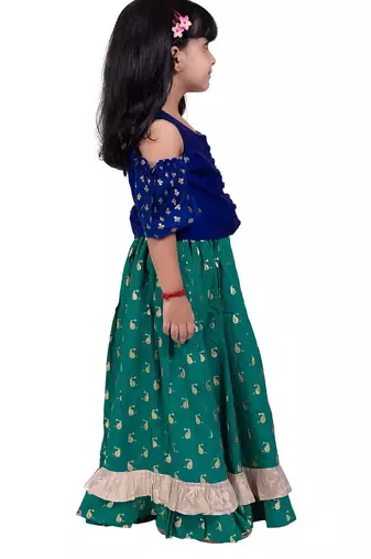 Half sleeves all over printed top & lehenga-blue & green