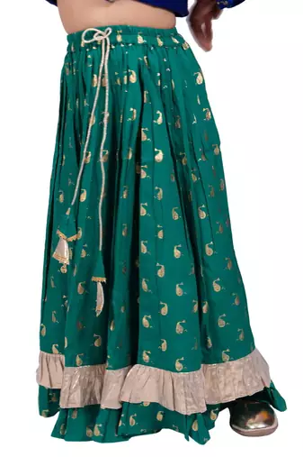 Half sleeves all over printed top & lehenga-blue & green