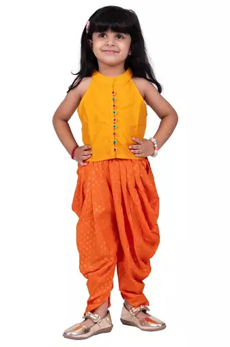 Chanderi  sleeveless solid top with printed dhoti-mustard & orange