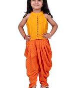 Chanderi  sleeveless solid top with printed dhoti-mustard & orange
