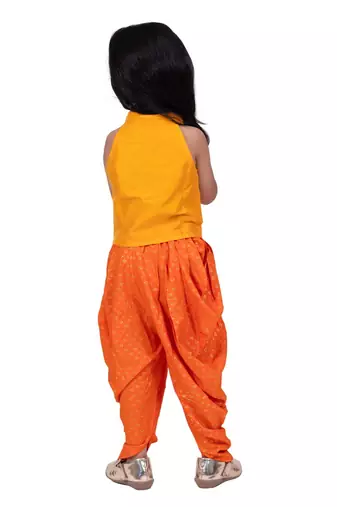 Chanderi  sleeveless solid top with printed dhoti-mustard & orange