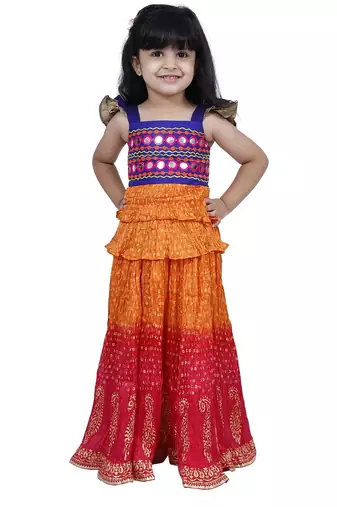Sleeveless mirror work top with tie & dye lehenga- orange & red