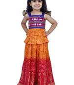 Sleeveless mirror work top with tie & dye lehenga- orange & red