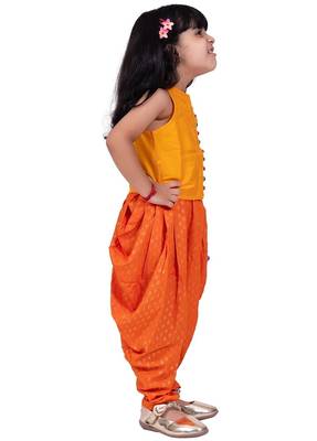 Chanderi  sleeveless solid top with printed dhoti-mustard & orange 3