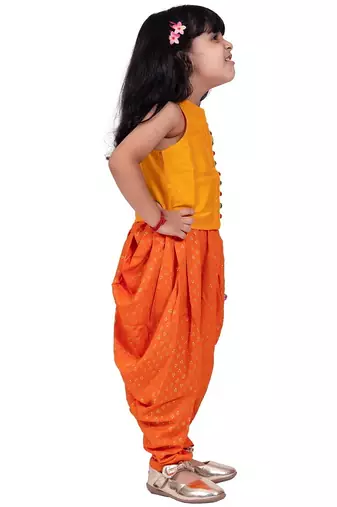 Chanderi  sleeveless solid top with printed dhoti-mustard & orange