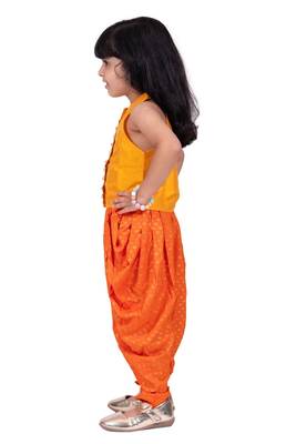 Chanderi  sleeveless solid top with printed dhoti-mustard & orange 4