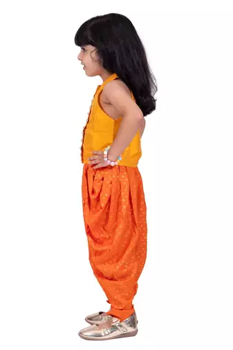 Chanderi  sleeveless solid top with printed dhoti-mustard & orange