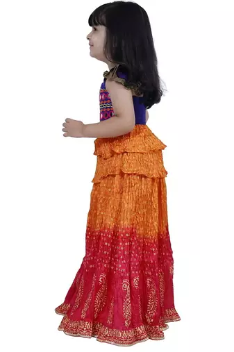 Sleeveless mirror work top with tie & dye lehenga- orange & red