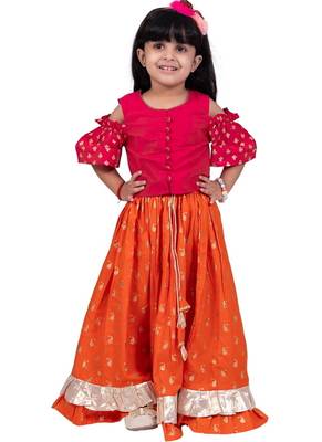Half sleeves foil/glitter print top with printed lehenga-pink & orange 1