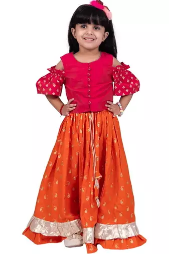 Half sleeves foil/glitter print top with printed lehenga-pink & orange