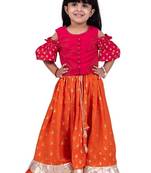 Half sleeves foil/glitter print top with printed lehenga-pink & orange