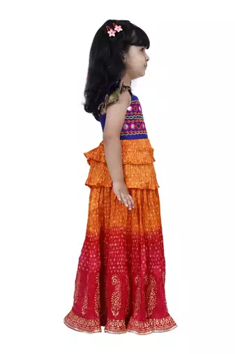 Sleeveless mirror work top with tie & dye lehenga- orange & red