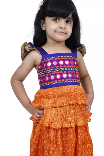 Sleeveless mirror work top with tie & dye lehenga- orange & red