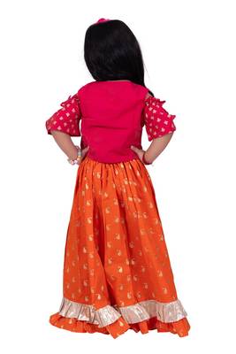 Half sleeves foil/glitter print top with printed lehenga-pink & orange 2