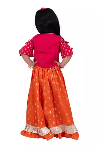 Half sleeves foil/glitter print top with printed lehenga-pink & orange