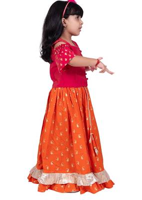 Half sleeves foil/glitter print top with printed lehenga-pink & orange 3
