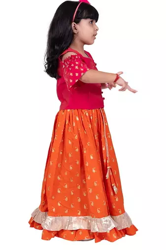 Half sleeves foil/glitter print top with printed lehenga-pink & orange