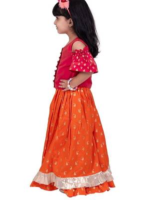 Half sleeves foil/glitter print top with printed lehenga-pink & orange 4