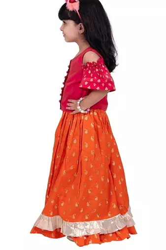 Half sleeves foil/glitter print top with printed lehenga-pink & orange