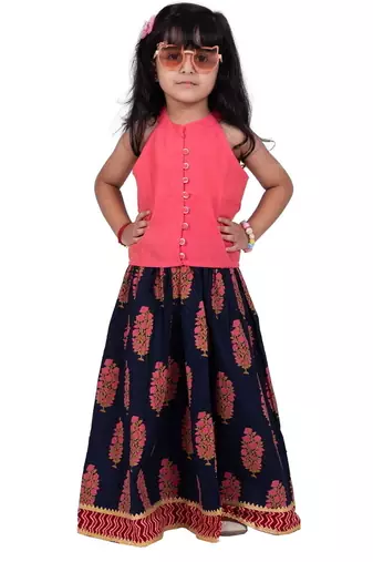 Chanderi woven sleeveless solid top & kalamkari print lehenga-coral &blue