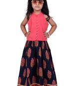 Chanderi woven sleeveless solid top & kalamkari print lehenga-coral &blue