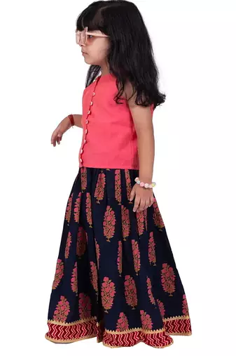 Chanderi woven sleeveless solid top & kalamkari print lehenga-coral &blue