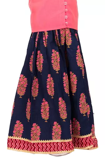 Chanderi woven sleeveless solid top & kalamkari print lehenga-coral &blue