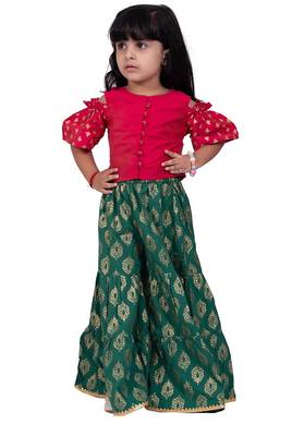 Half sleeves foil/glitter print top & printed sharara-pink & green 1