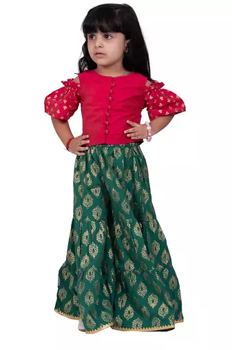 Half sleeves foil/glitter print top & printed sharara-pink & green