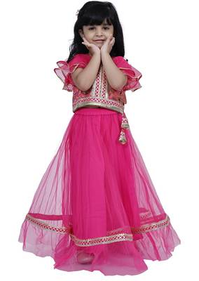 Brocade woven half sleeves embellished  top with net lehenga-pink 1