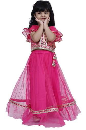 Brocade woven half sleeves embellished  top with net lehenga-pink