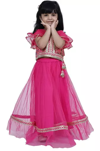 Brocade woven half sleeves embellished  top with net lehenga-pink