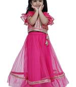 Brocade woven half sleeves embellished  top with net lehenga-pink