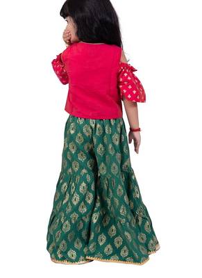 Half sleeves foil/glitter print top & printed sharara-pink & green 2