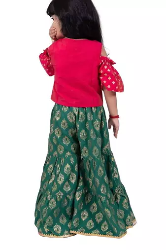 Half sleeves foil/glitter print top & printed sharara-pink & green