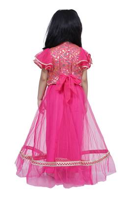Brocade woven half sleeves embellished  top with net lehenga-pink 2