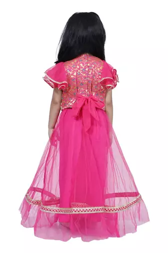 Brocade woven half sleeves embellished  top with net lehenga-pink