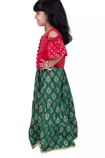 Half sleeves foil/glitter print top & printed sharara-pink & green