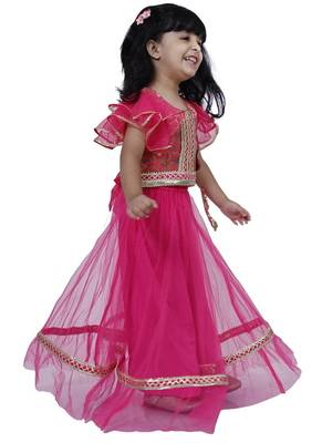 Brocade woven half sleeves embellished  top with net lehenga-pink 4